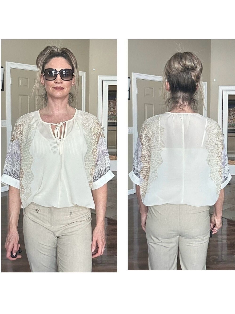 Madison Paige cream web sleeve bat wing front tie blouse semi sheer Sz L